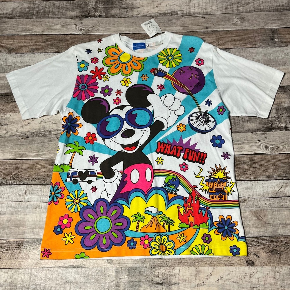 Tokyo Disneyland Shirt Adult Large White AOP Mickey Mouse Flowers Japan